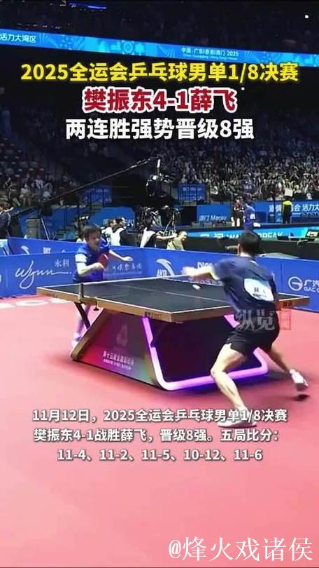 樊振东以4-1击败薛飞 顺利挺进十五运会男单八强