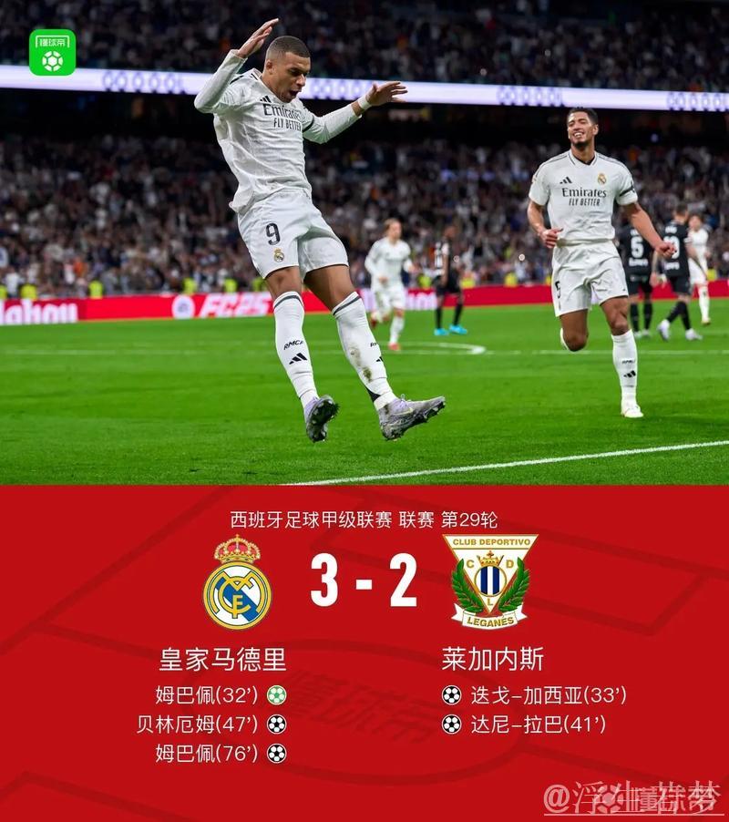 皇马3-2逆转莱加内斯 姆巴佩双响贝林厄姆建功